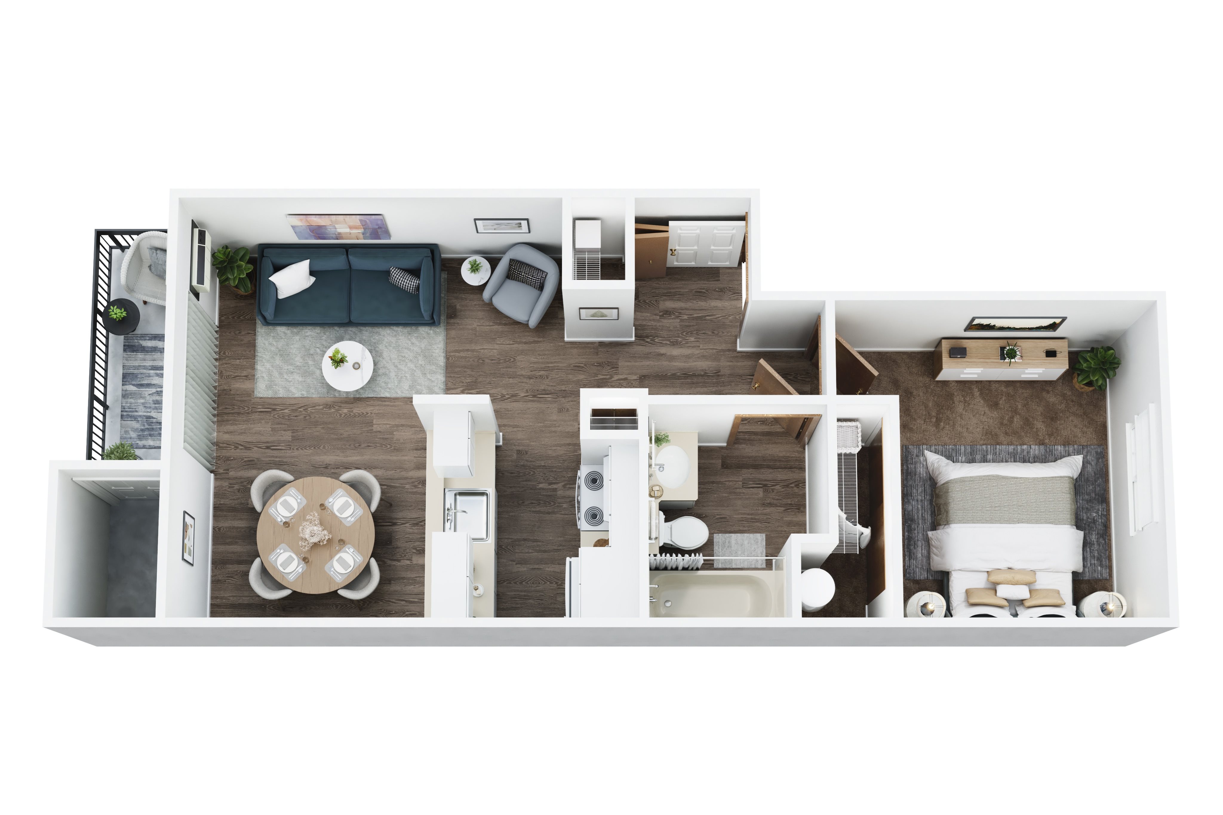 A top-down view of a house layout with a kitchen, living room, dining area, and bedrooms.